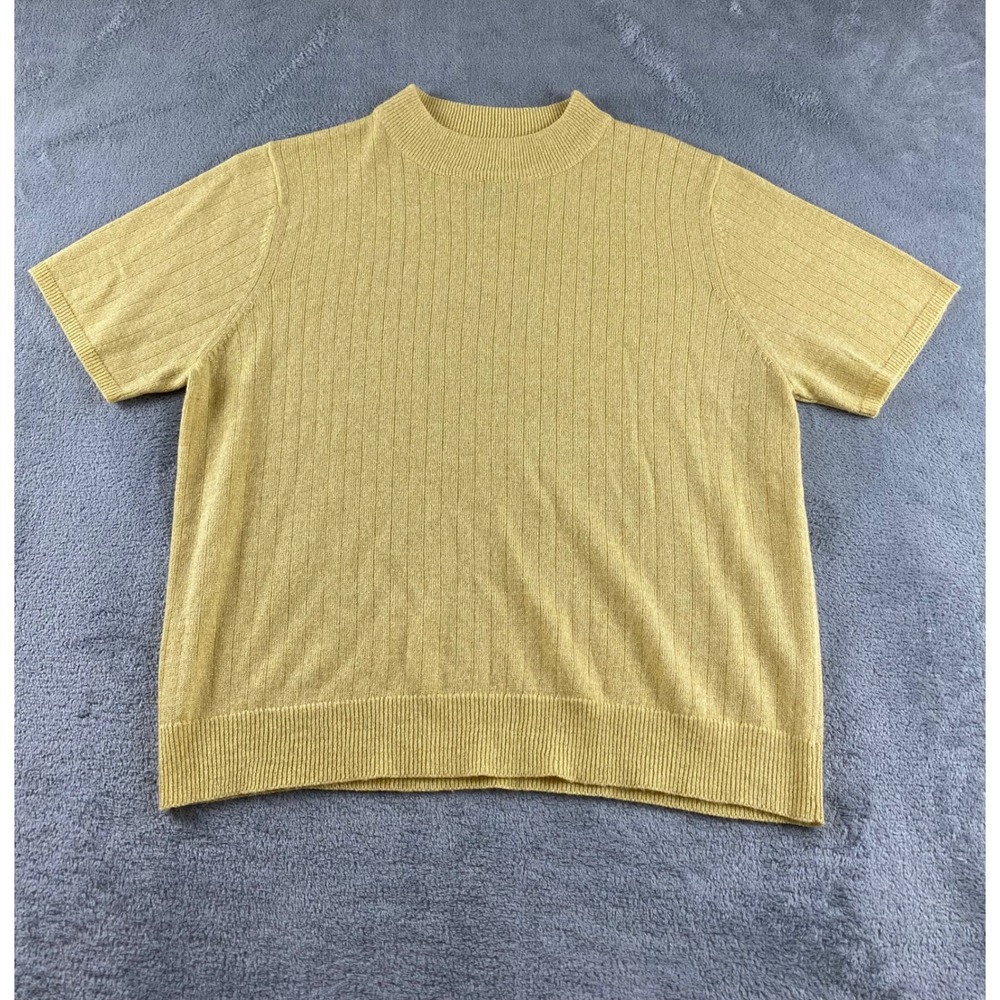 Sage Harbor Petite Yellow Ribbed Mock Neck Short Sleeve Sweater Top